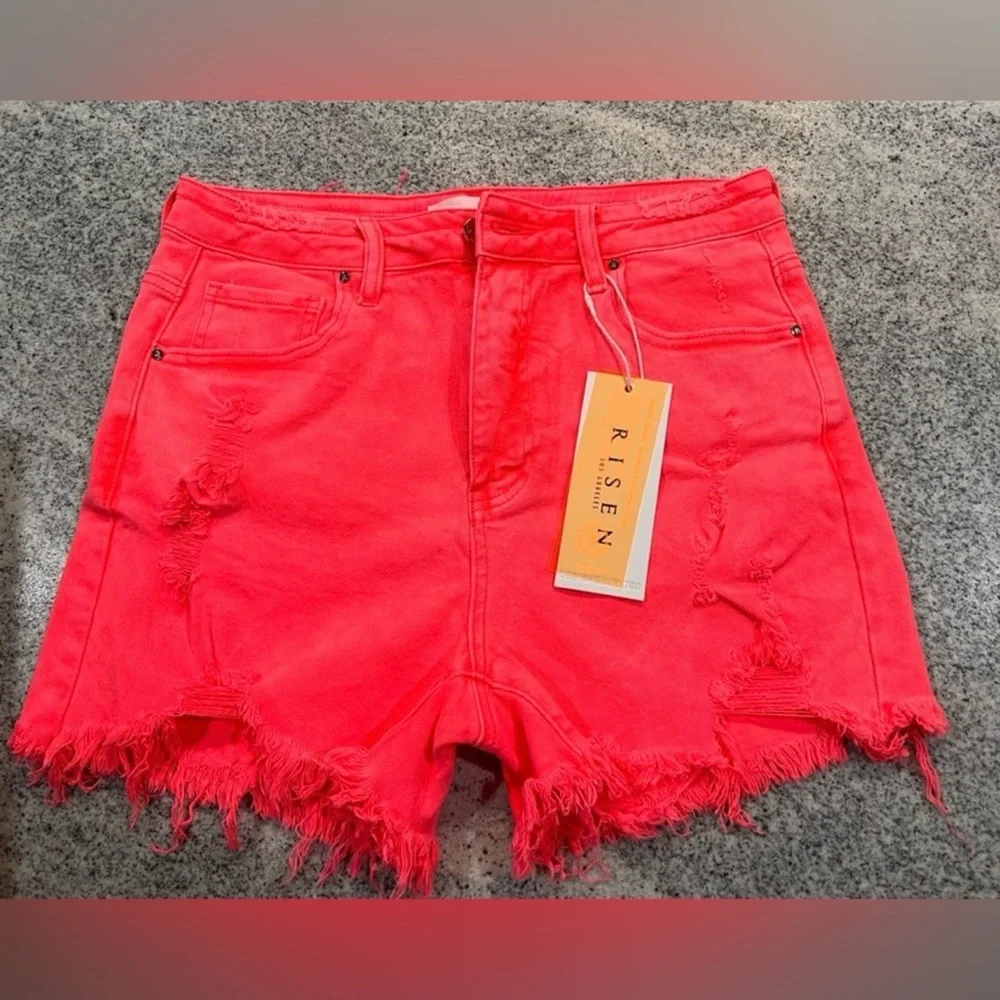 Women's Risen Coral Distressed Shorts - Picture 2 of 8